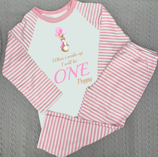 Pink Rabbit When I Wake Up Personalised pink stripe Birthday Pyjamas Pjs
