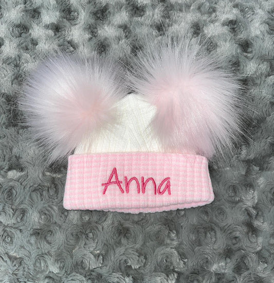 Pink & White Double Pom hat - First Size