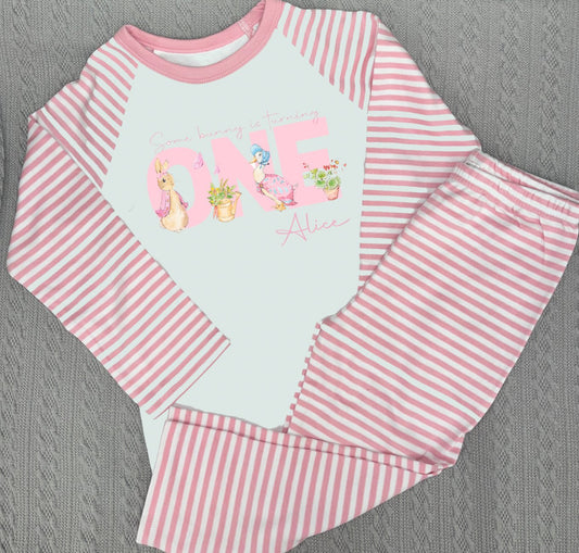 Rabbit & Duck When I Wake Up Personalised pink stripe Birthday Pyjamas Pjs