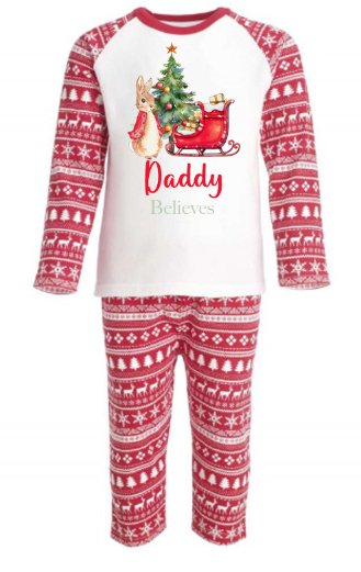 Red Rabbit & Sleigh Personalised Adults Red Christmas print Pyjamas