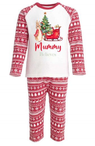 Red Rabbit & Sleigh Personalised Adults Red Christmas print Pyjamas