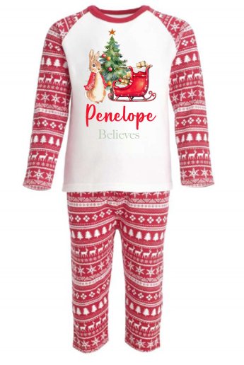 Red Rabbit & Sleigh Personalised Adults Red Christmas print Pyjamas