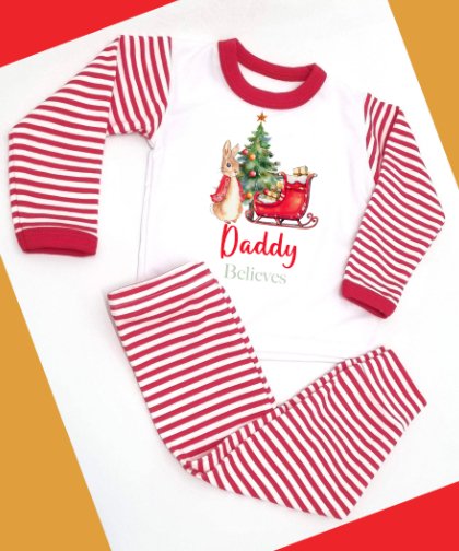 Red Rabbit & Sleigh Personalised Adults Red Stripe Pyjamas