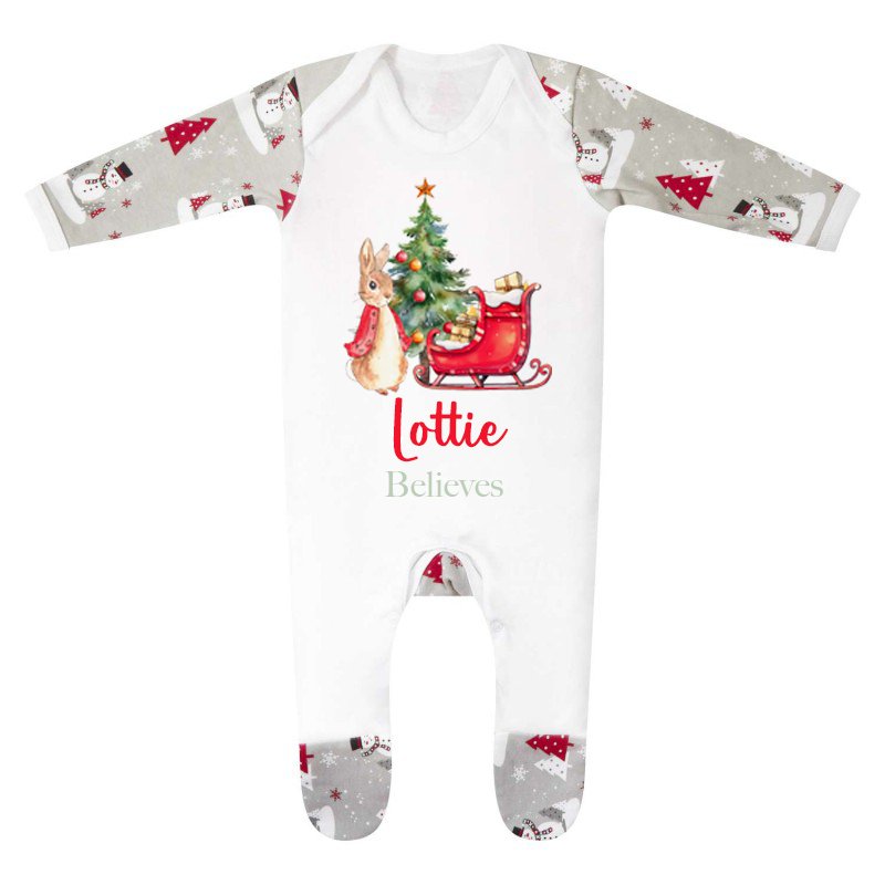 Red Rabbit & Sleigh Personalised Christmas Print Sleepsuit