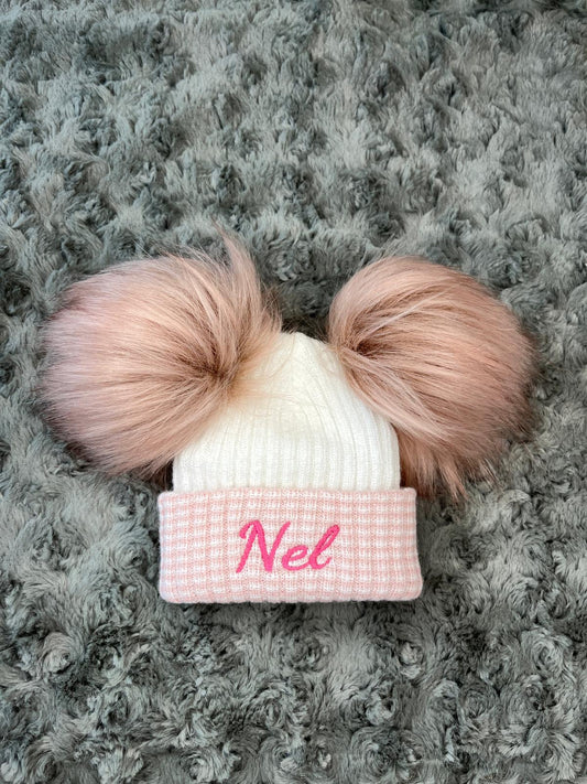 Rose & White Double Pom hat - First Size