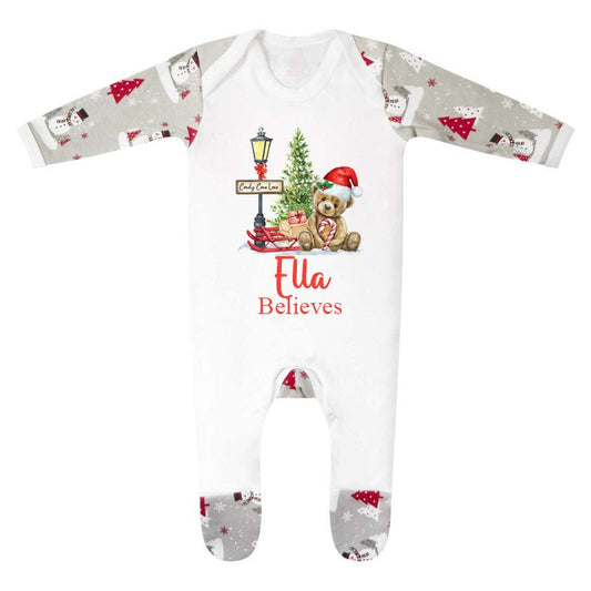 Teddy design Personalised Christmas Print Sleepsuit
