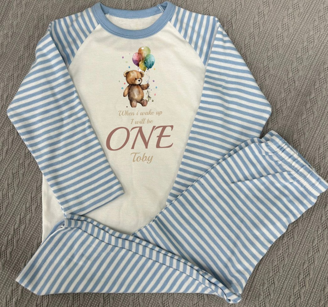 Teddy When I Wake Up Personalised blue stripe Birthday Pyjamas Pjs