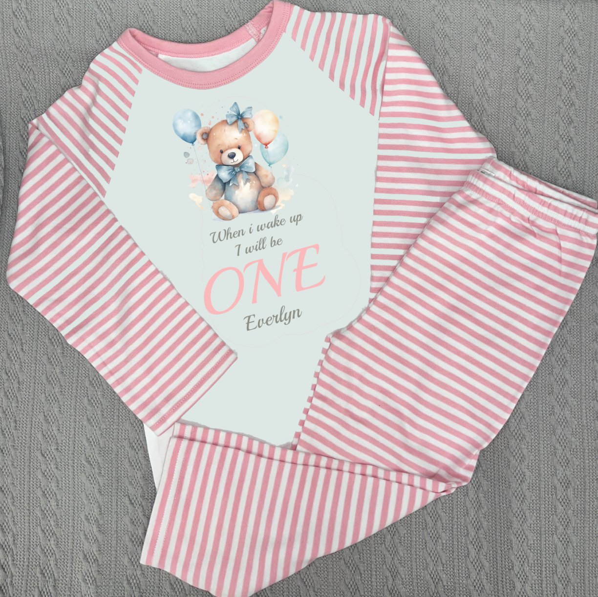 Teddy When I Wake Up Personalised pink stripe Birthday Pyjamas Pjs