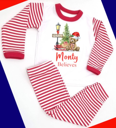 Teddybear Design Personalised Adults Red Stripe Pyjamas