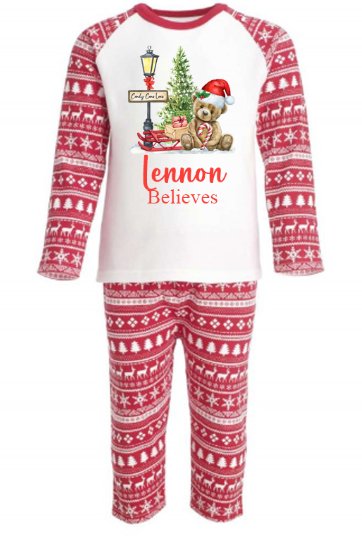 Teddybear Personalised Adults Red Christmas print Pyjamas