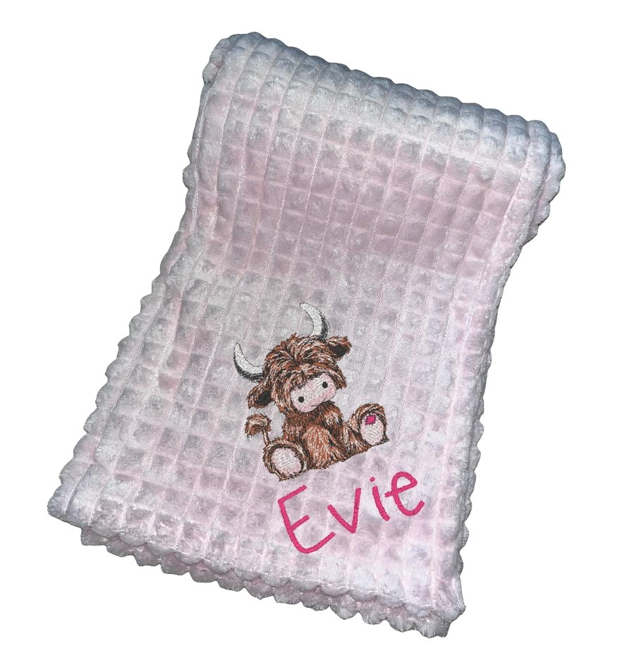 The Kenton baby Blanket Highland Cow Design & Name - Various Colours