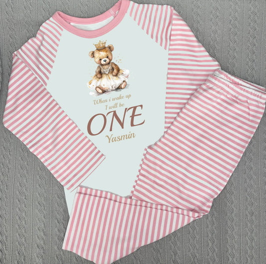 When I Wake Up Personalised pink stripe Birthday Pyjamas Pjs teddy design