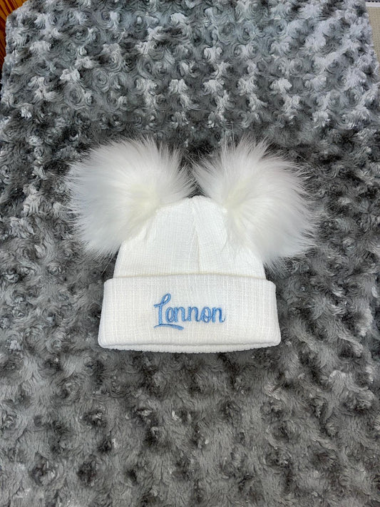 White 3+ Month Double Pom hat