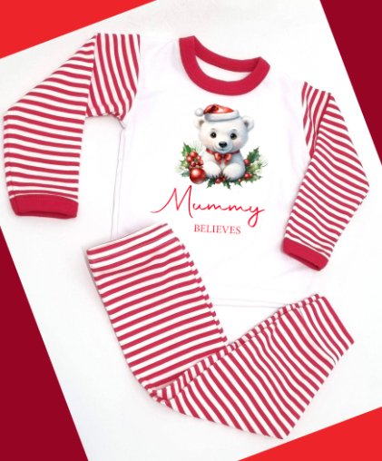 White Teddy Personalised Adults Red Stripe Pyjamas